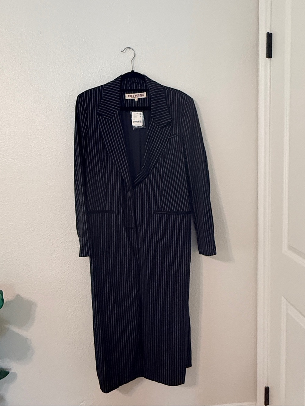 Free People Black Pinstripe Long Blazer